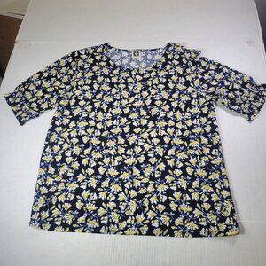Anne Klein Women Dark Floral Navy/Yellow Short Sleeve Lightweight Top Size L
